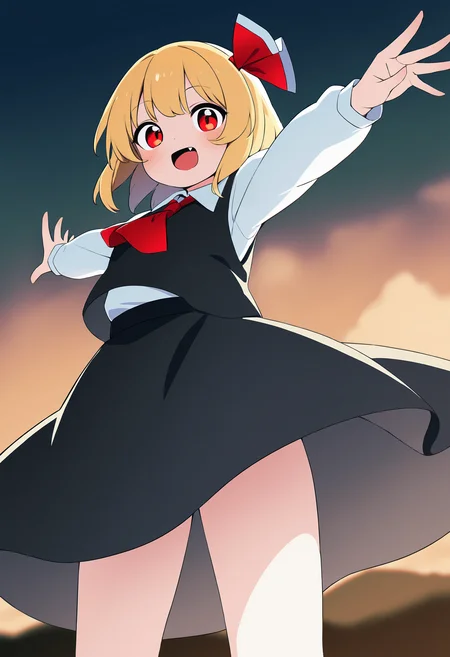 masterpiece, best quality,,detailed_background,outdoors,black skirt,rumia,highres,vest,ribbon,red ribbon,cowboy shot,outstretched arms,short hair,shirt,skirt,collared shirt,red ascot,blonde hair,smile,looking at viewer,standing,white shirt,blush,black vest,red eyes,ascot,skirt set,hair ribbon,satsuki koyomi,touhou,fang,:d,1girl,spread arms,absurdres,solo,open mouth,long sleeves