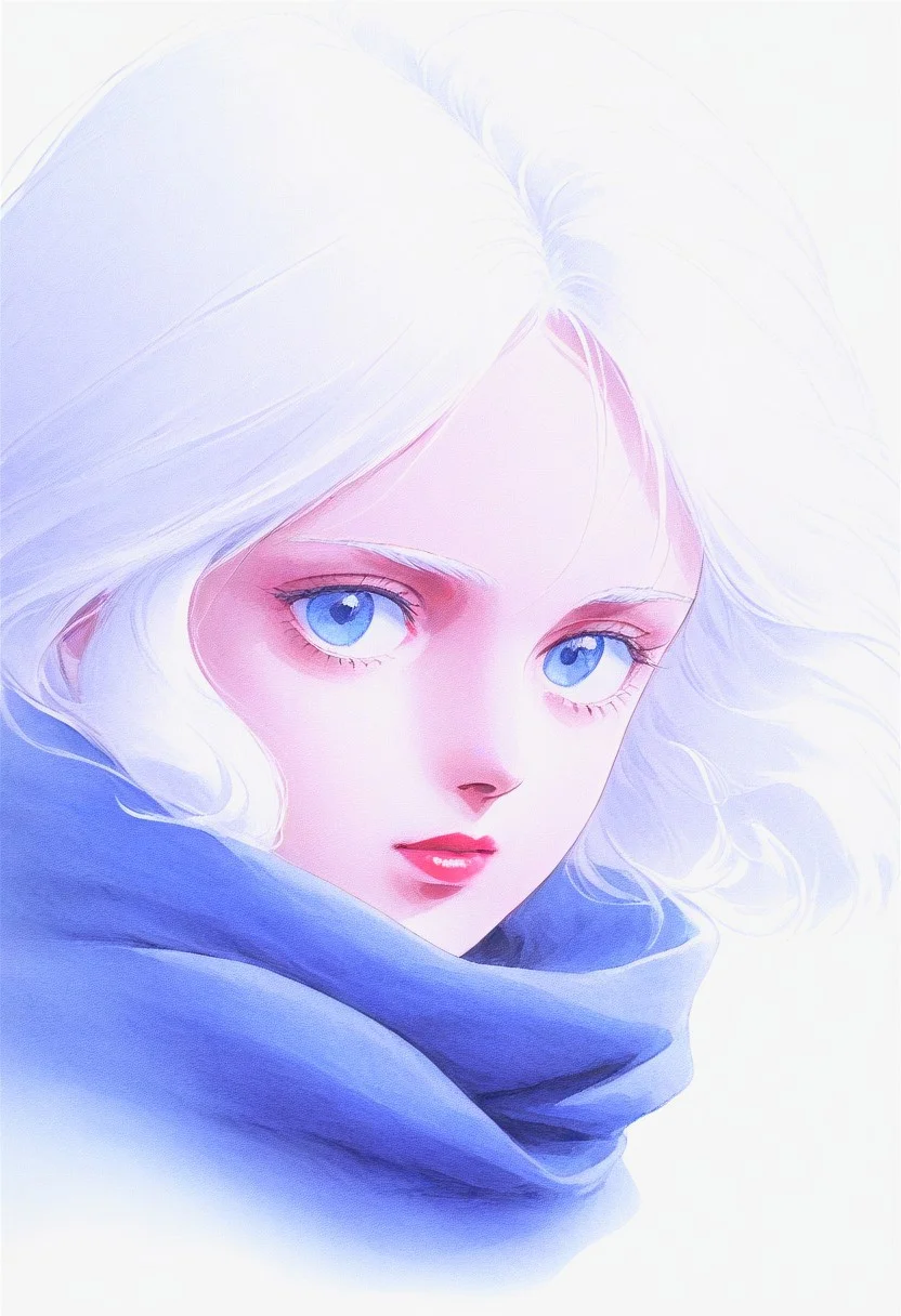 EnD_1980s_Style, 1980s (style), 1girl, blue eyes, lips, looking at viewer, portrait, realistic, scarf, simple background, solo, retro artstyle, traditional media, white background, white hair,cinematic angle, cinematic lighting, best quality, official art, masterpiece