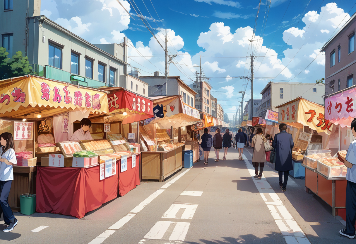 score_9, score_8_up, score_7_up, rating_safe, masterpiece, best quality, absurdres, unity 8k wallpaper, official art, official style, source_anime, uncensored, game cg, megami magazine,
omatsuri, food stand, outdoors, power lines, real world location, utility pole, sky, road, multiple boys, scenery, cloud, sign, street, day, multiple girls, 6+boys, food, building, city, holding, shop, bag, lamppost, blue sky, cloudy sky, coat, eating, realistic, photo background, photo (medium), photorealistic
<lora:omatsuri_PONY_V1:1>