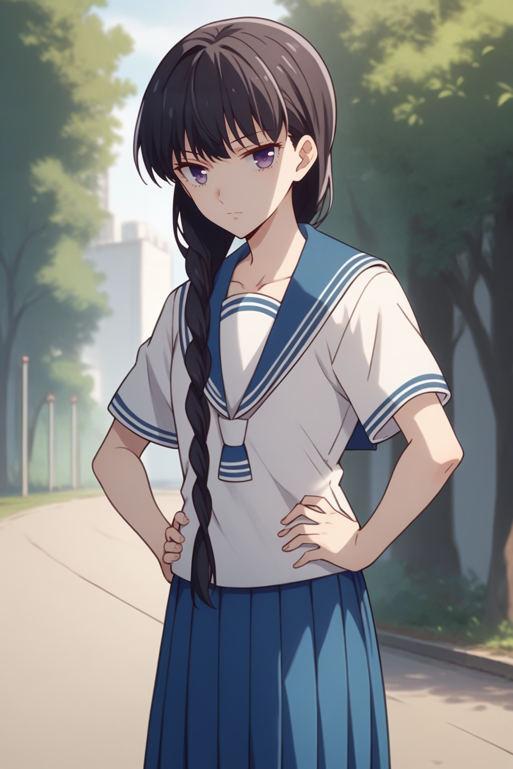score_9, score_8_up, 1girl, solo, <lora:NSSakiBasket:1> NSSakiWhite, black hair, long hair, braid, hair over shoulder, purple eyes, serafuku, white shirt, pleated skirt, blue skirt, short sleeves, school background, outdoors, cowboy shot, looking at the viewer, hands on hips
