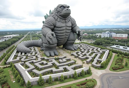 an enormous example of a novelty architecture building in the shape of a obese Godzilla with Down syndrome navigating a maze that rearranges itself. No deformed hands.