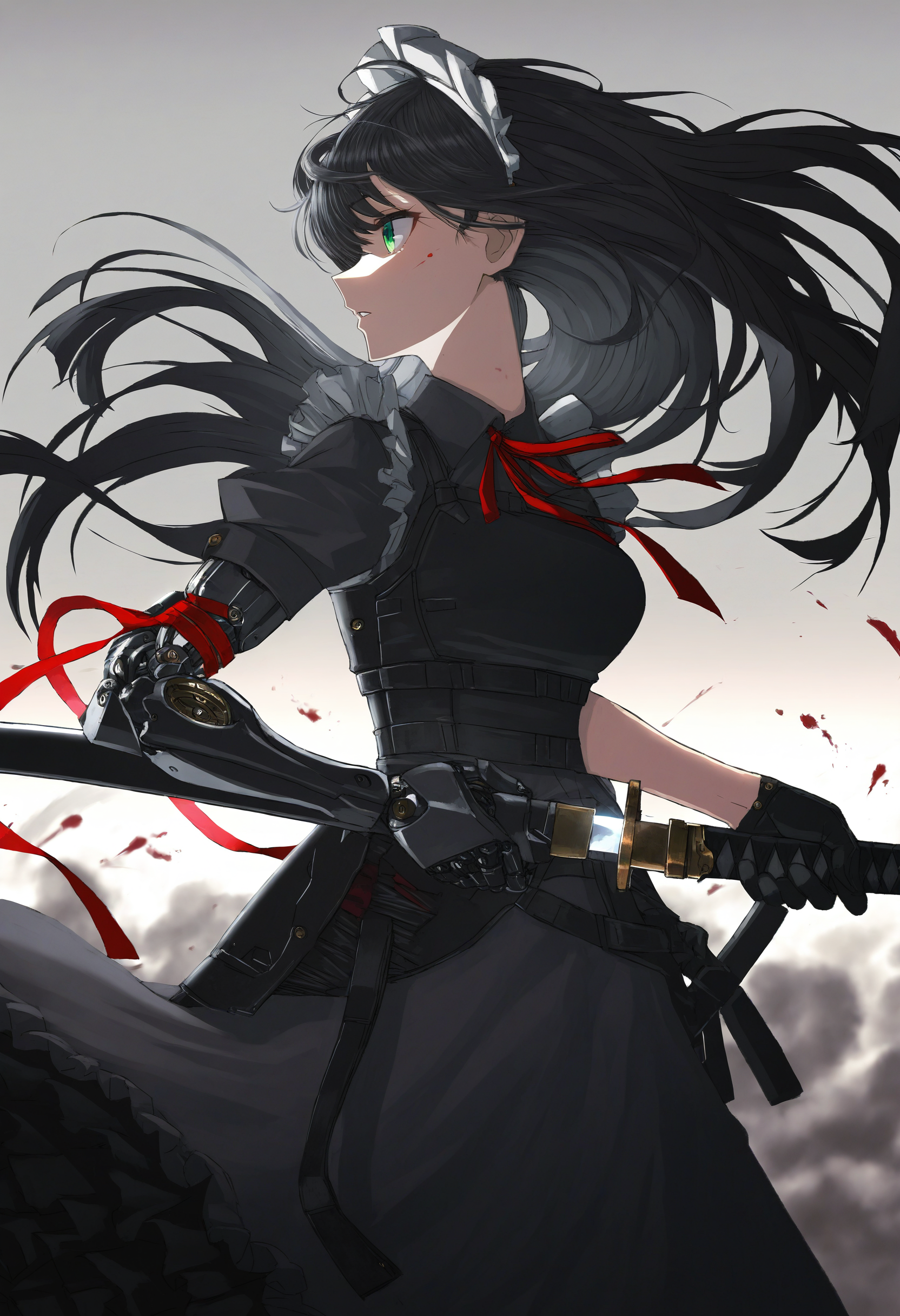 mechabare, artist:[vinne|hataya|itou (onsoku tassha)|yoneyama mai|quasarcake|diyokama|sukabu], 
1girl, single mechanical arm, mechanical parts, robot joints, solo, black hair, long hair, unsheathing, black gloves, katana, holding sword, mecha musume, green eyes, frilled dress, profile, black dress, maid headdress, sheathed, blood, elbow gloves, armor, from side, floating hair, parted lips, scabbard, red ribbon, short sleeves, holding sheath, looking ahead, dust cloud, depth of field, 
masterpeice, best quality, very aesthetic, absurdres
