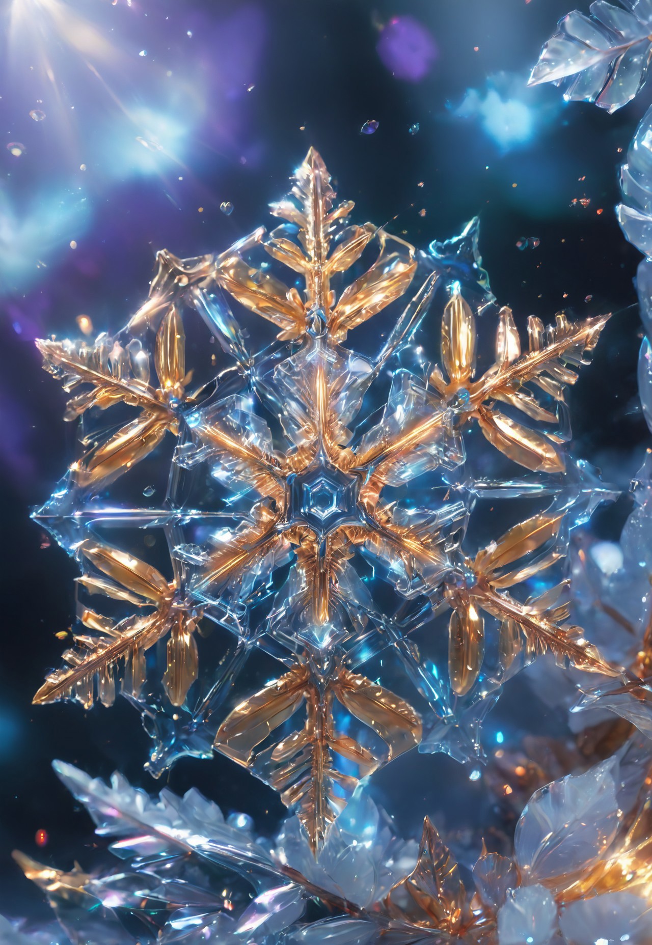 (high quality), (masterpiece), (detailed), 8K, An award-winning glowing snowflake, encased in a perfectly transparent glass bubble, floats delicately within a surreal winter setting. Its intricate, symmetrical crystalline patterns radiate a mesmerizing, golden luminosity, blending warm hues of amber, peach, and soft rose that glow softly through the glass. The bubble is adorned with delicate frost patterns along its edges, reflecting and refracting the snowflake’s warm light, casting a magical aura on its surroundings. Encased within, the snowflake sparkles with fine detail, as if suspended in time, evoking feelings of joy, serenity, and wonder, captivating all who witness this breathtaking masterpiece.