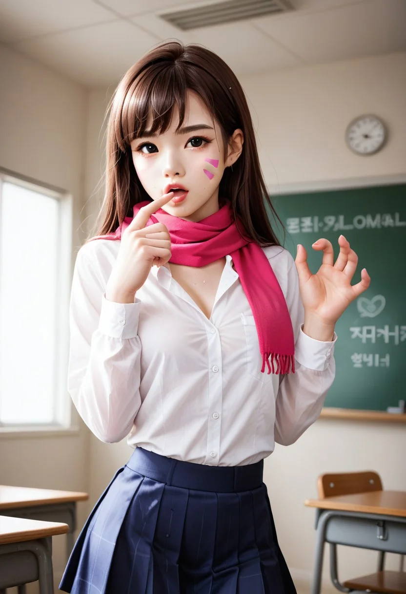 score_9, score_8_up, score_8, score_7_up, thin, score_7, rating_questionable, 1 girl, 19 years old, natural chest, (DVA), (hana song), Korean girl, happy, head tilt, eager virgin look, cute, sweaty, dynamic lighting, high contrast, dynamic hairstyle, Japanese school uniform with skirt, special pose, putting on a show, popstar, hourglass figured, view from side, dvapony, brown hair, facial marks, red scarf, fingers imitating a shot gesture, blowing a miss. full body shot, classroom background