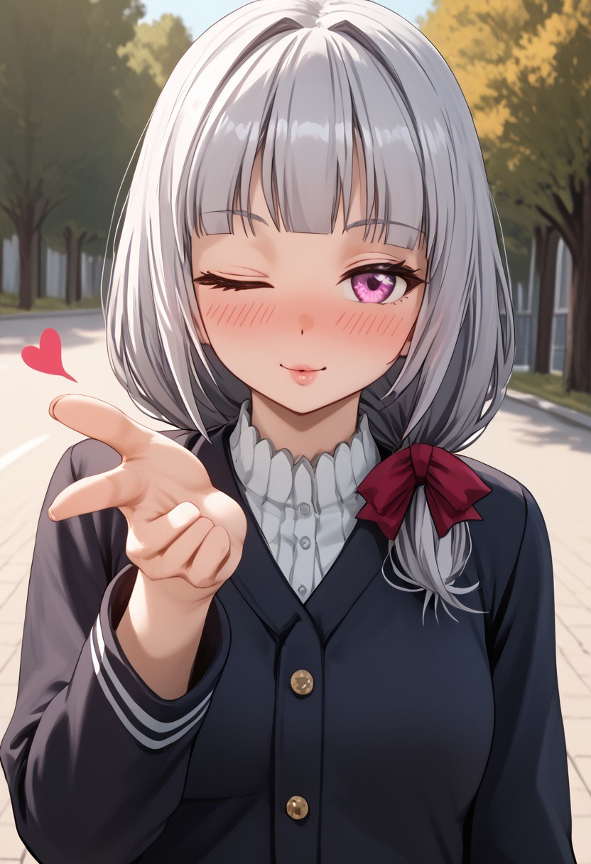 score_4,score_5,score_6,score_7_up,score_8_up,score_9 ((masterpiece,best quality,ultra detailed,highres,HD,4k:1.2)), 
1girl, solo,solo focus,girl focus,face focus,
outdoors,
<lora:blowing-kiss-ponyxl-lora-nochekaiser:1>, blowing kiss, pucked lips, heart, one eye closed, o3o, looking at viewer, hand up,Pouting lips,pointing fingertips towards viewer, blush,shy,smile,Half-closed eyes, squinting, staring,jitome,
