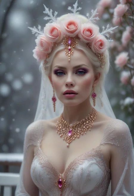 1female, 45 years old, Chubby, snub nose, Silvia saint look, big breasts, (delicate face, beautiful eyes, natural, eye contact),
Real sharp photo, snowing, snowflakes in the air, blurred background, Black, pink, fuchsia, white portrait of a gorgeous sexy princess, caucasian, white milky makeup, ethnic long dress with floral gowns, pink high heels, hair ornament made of blooming flowers, crystals, blurry background, tiara, earrings, facing the viewer, ((sits on a romantic enchanted white bench, showing her left legg)), amidst snowflakes, rose gold minerals, shiny aura, highly detailed, frozen organically grown crystals, gold and pearl filigree, intricate motifs, organic tracery, Kirnan Shipka, Januz Miralles, Hikari Shimoda, glowing stardust by W. Zelme. A mesmerizingly enchanting scene unfolds in this cinematic film still.
full body photo, scenic, shallow depth of field, vignette, highly detailed, high budget Hollywood film, bokeh, cinemascope, moody, epic, gorgeous, film grain, Canon EOS R,Canon RF 85mm F1.2L USM, ISO 100
