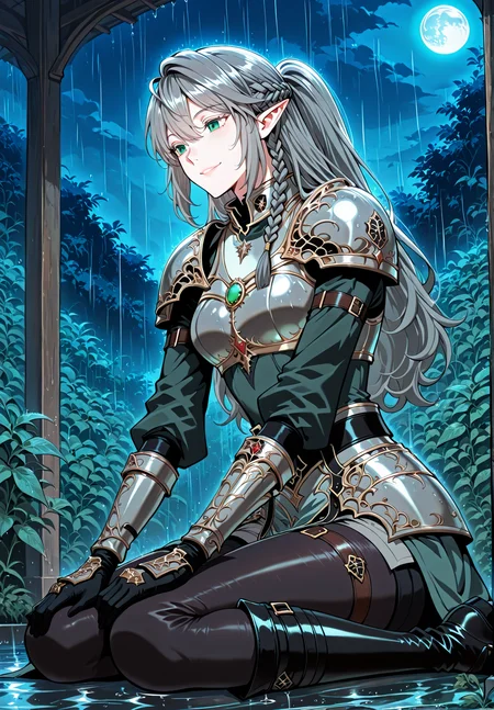<lora:Tessia_Eralith__The_Beginning_After_the_End__Illustrious_v1-000008:1>
1 girl, solo, elf, pointy ears, green eyes, grey hair, braid, side braid, french braid, hair bettween eyes, bangs, long hair, ahoge
breastplate, gauntlets, shoulder armor, black gloves, ponytail, black boots
score_9, score_8_up, score_7_up, very aesthetic, source_anime, detailed, high quality, beautiful, detailed eyes, masterpiece, best quality, absurdres, perfect anatomy, 1girl, solo, wariza, sitting, hands on own knees, garden background, charming smile, rain, night, blue moon, <lora:iLLMythG0thicL1nes:1>