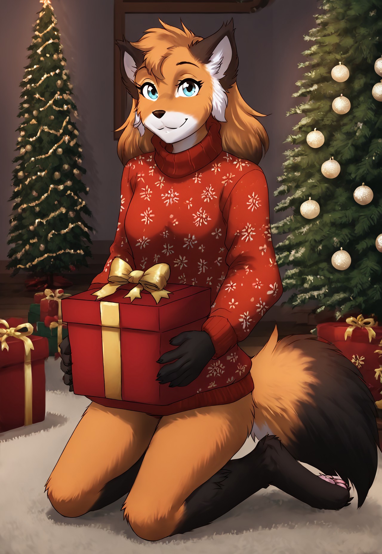 score_9, score_8_up, score_7_up, masterpiece, best quality, good quality, highly detailed, absurdres, intricate details, detailed background, indoors, living room, dim lights, xmas tree, xmas decorations, present boxes, fluffy_new_year, merry_furistmas, 1 girl, solo, anthro, mike-twokinds, wolf tail, fur, detailed fur, body fur, fluffy, christmas sweater, holding present box, kneeling on the floor, looking at viewer, smile