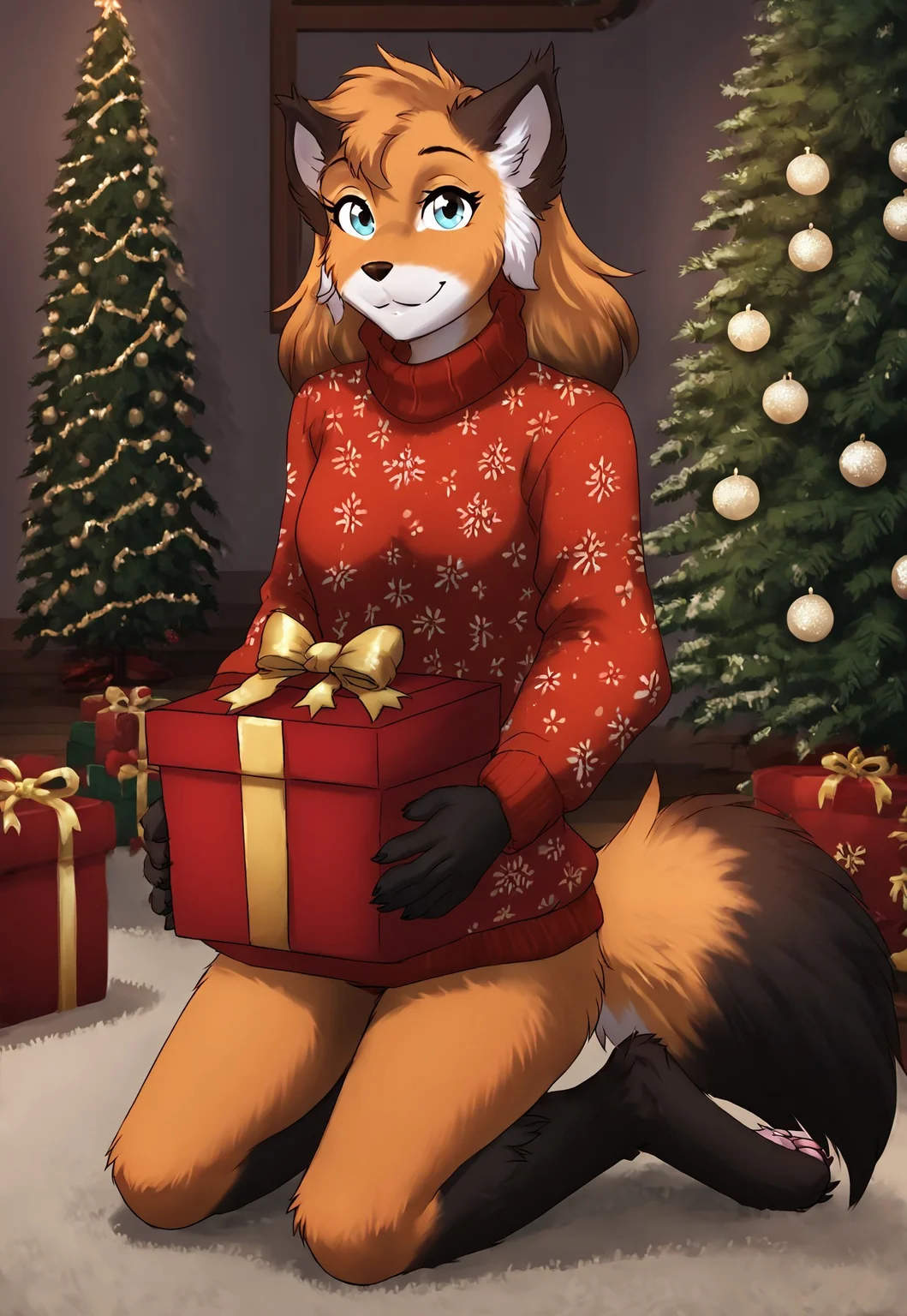 score_9, score_8_up, score_7_up, masterpiece, best quality, good quality, highly detailed, absurdres, intricate details, detailed background, indoors, living room, dim lights, xmas tree, xmas decorations, present boxes, fluffy_new_year, merry_furistmas, 1 girl, solo, anthro, mike-twokinds, wolf tail, fur, detailed fur, body fur, fluffy, christmas sweater, holding present box, kneeling on the floor, looking at viewer, smile