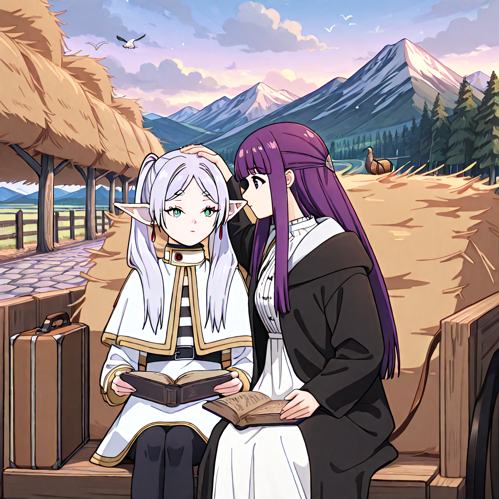 absurdres, sensitive, 2girls, frieren, fern, sitting, hay cart, hay, wagon, elf, grey hair, twintails, capelet, black pantyhose, purple hair, long hair, straight hair, white dress, long sleeves, robe, open book, holding book, suitcase, sky, cloud, tree, rural, fence, mountain, stone road, hand on another's head, headpat, bird, upper body, close-up, female hand, <lora:haycart_ilxl:1>