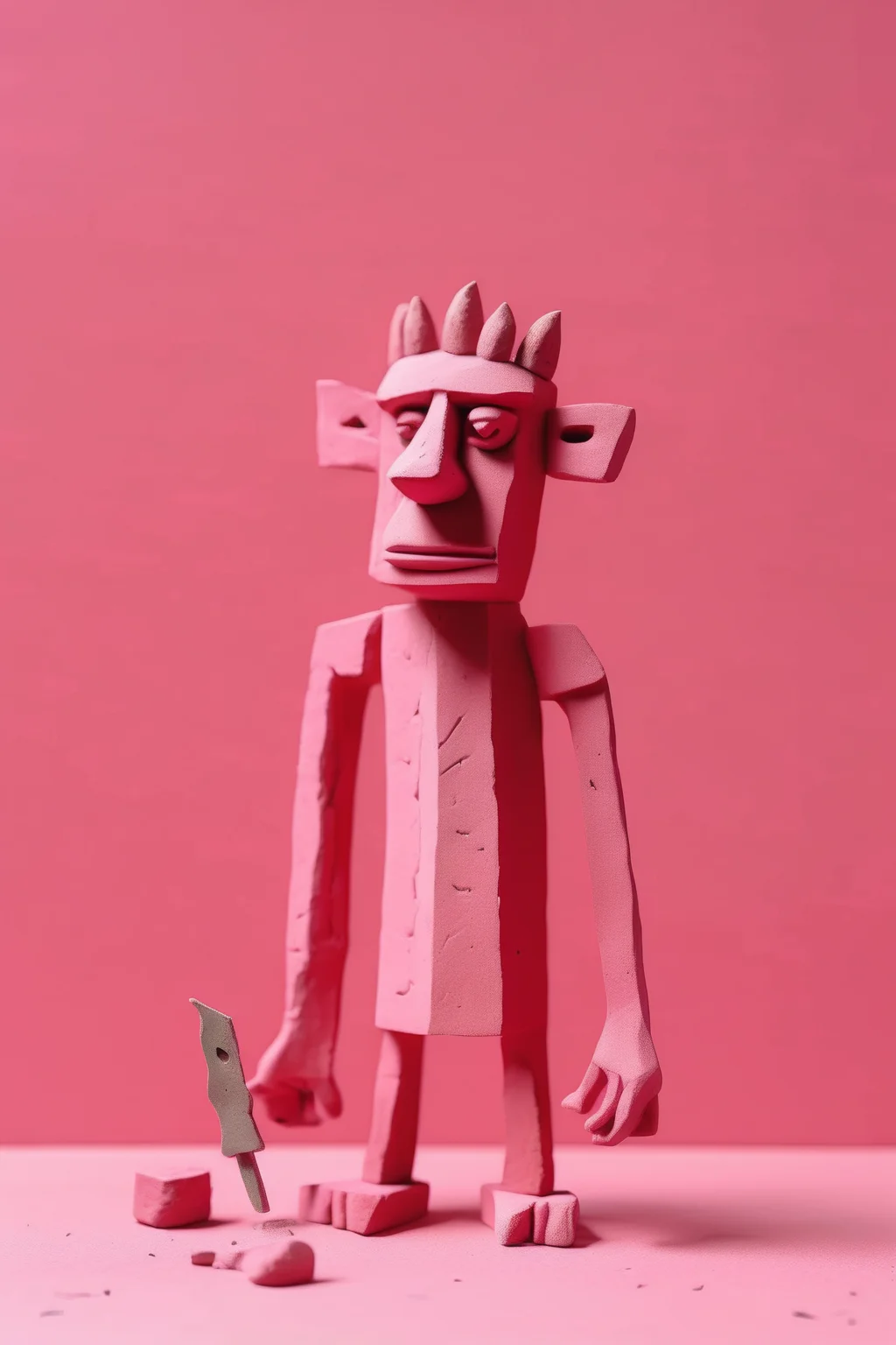 <lora:Clay Animation:1>Clay Animation - cutout collage art mixed-medium in style of Christian Barthold showing an sculpted figurine model crafternoon clay troll, half painted, armatures. minimalist. key color red pink