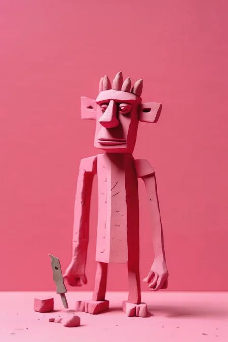 <lora:Clay Animation:1>Clay Animation - cutout collage art mixed-medium in style of Christian Barthold showing an sculpted figurine model crafternoon clay troll, half painted, armatures. minimalist. key color red pink