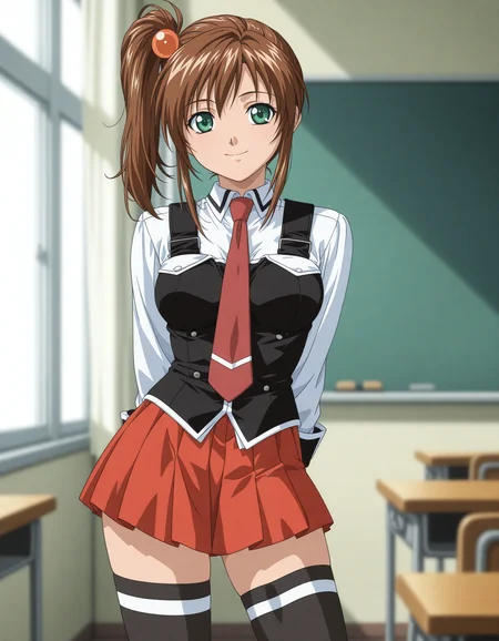 1girl, solo, imari kurumi, brown hair, side ponytail, hair ornament, green eyes, smile, BB_Uniform, school uniform, black vest, white shirt, sleeve cuffs, red necktie, pleated skirt, red skirt, black thighhighs, standing, contrapposto, hands behind back, depth of field, classroom, light theme, daytime, anime coloring <lora:imari_kurumi_ilxl_v1:0.7>