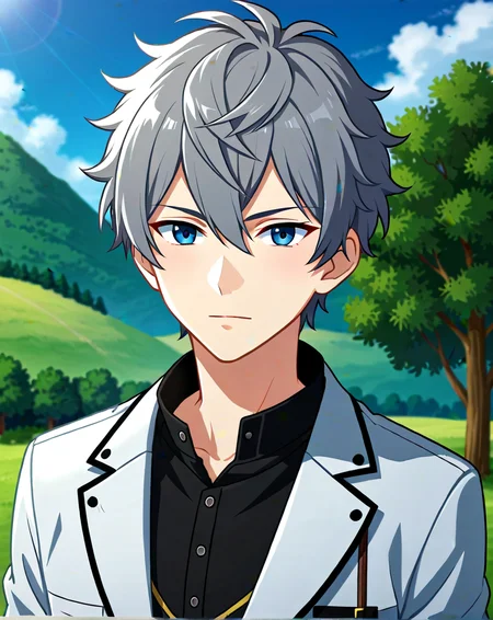 <lora:quality1:1>, score_9, score_8_up, BREAK, rating_safe, 1boy, solo, male focus, <lora:sena_izumi_ponyy:0.8>, sena_izumi_pony, grey hair, blue eyes, short hair, hair between eyes, bangs, curly hair, cowboy shot, standing, outdoors, looking at viewer, <lora:Pony_DetailV2.0:1> <lora:xl_more_art-full_v1:1> <lora:Lightning-8:1>