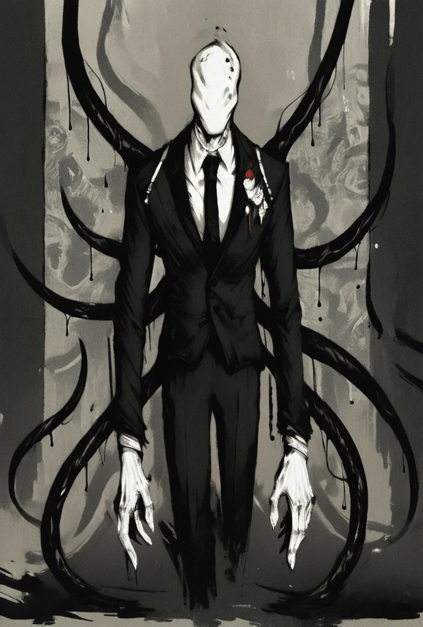 score_9, score_8_up, score_7_up  <lora:slenderman-10:1> slenderman, , formal, 1boy, solo, faceless, , white gloves, black necktie, <lora:dramatic_artstyle:1> dramaticart,black tentacles, monochrome, shadow