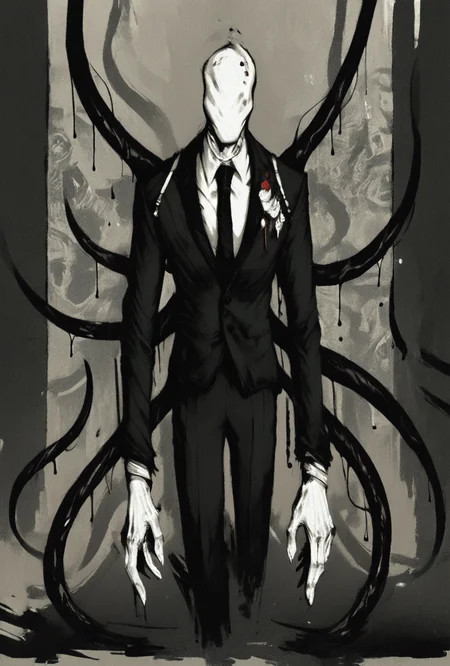 score_9, score_8_up, score_7_up <lora:slenderman-10:1> slenderman, , formal, 1boy, solo, faceless, , white gloves, black necktie, <lora:dramatic_artstyle:1> dramaticart,black tentacles, monochrome, shadow
