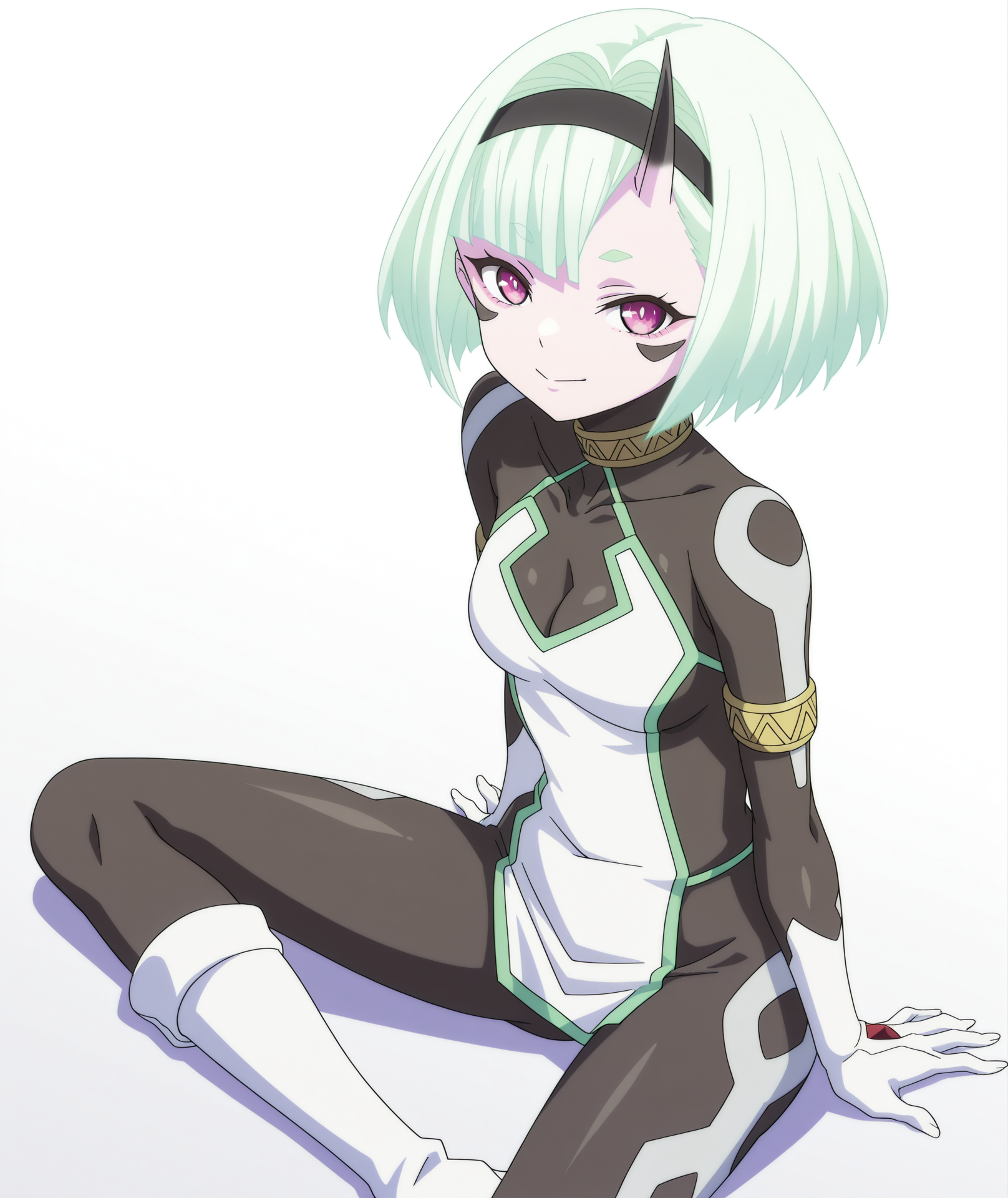 official art, absurdres, highres, anime coloring, hi res, best quality, masterpiece, 2d, intricate details, 4k,
1girl, solo, short hair, bangs, green hair, blunt bangs, blue hair, purple eyes, white hair, hairband, horns, colored skin, facial mark, bob cut, single horn, forehead mark, black hairband, 
breasts, small breasts, medium breasts, cleavage, boots, clothing cutout, bodysuit, cleavage cutout, covered collarbone, armlet, gold armlet, bare shoulders, 
looking at viewer,
depth of field, white background, gradient background, <lora:Coco_Zenibako_ILXL:1>, mato seihei no slave, zenibako coco,
