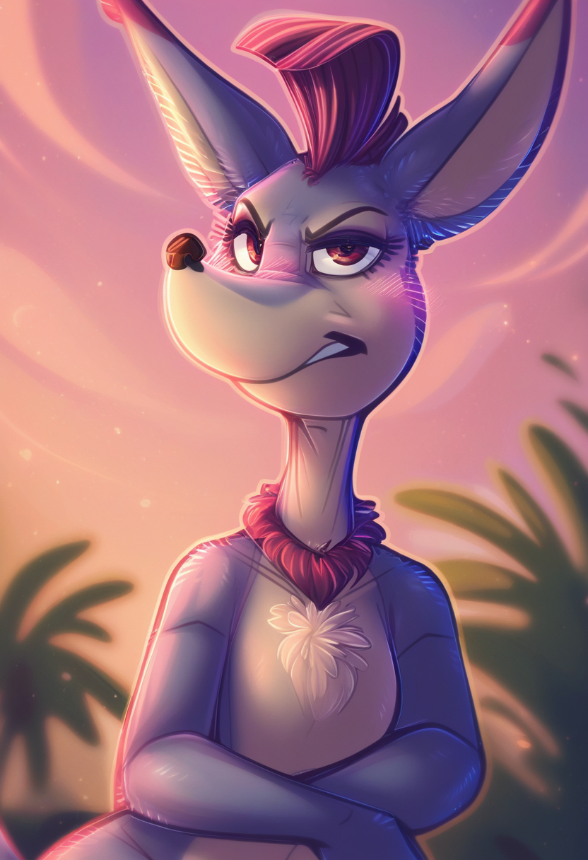 zPDXL, score_9,score_8_up,score_7_up,_up,source_cartoon, best quality, amazing quality, masterpiece, 1girl, looking at viewer, solo, fullbody, blush, sour kangaroo, <lora:SourKangaroo:0.8>, kangaroo, female kangaroo , animal ears, big hips, arms folded on chest, long tail, sky, flowers, palm tree, leaf, angry, seductive,  evening, savannah, dimwitdog, <lora:dimwitdog:1.2>