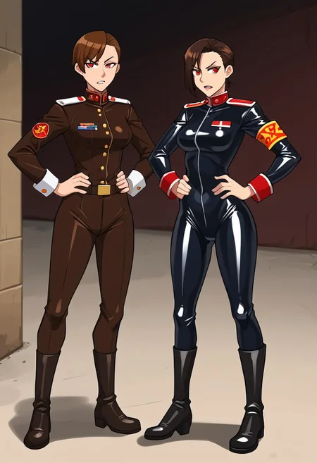 RA2Zofia,short hair,brown hair,asymmetrical bangs,red eyes,standing,hands on hips,brown clothes,uniform,military uniform, latex bodysuit,boots,armband, firing from ak47rfs, ak47rfs, ak47rfs hands, ak47rfs shooting, in her hands, indoors,bunker,underground,concrete,command center, ak47r