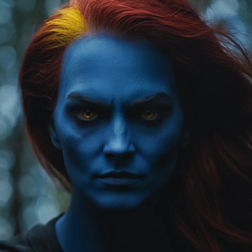 cinematic film still of <lora:Hyperrealism style v2:1>
Mystique (Raven Darkhölme) a woman with blue face and red hair and yellow eyes Hyperrealism Style, shallow depth of field, vignette, highly detailed, high budget, bokeh, cinemascope, moody, epic, gorgeous, film grain, grainy
