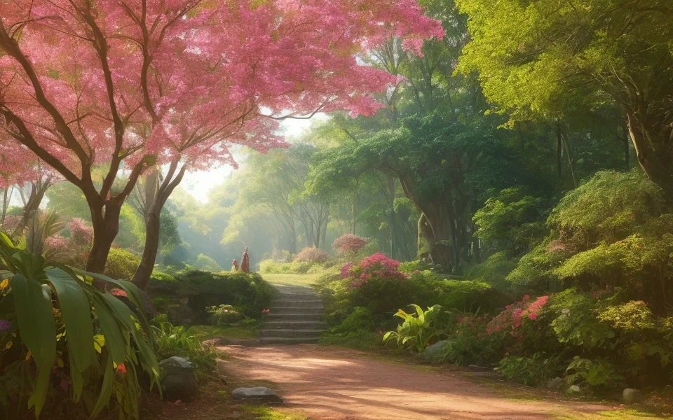 ChromaV5, nvinkpunk,(extremely detailed CG unity 8k wallpaper), An Landscape of a majestic jungle surrounded by lush pink foliage, award winning photography, Chromatic Aberration, Detailed , HDR, Bloom,majestic oil painting by , Thomas Cole, Frederic Church, and Albert Bierstadt ,trending on artstation, trending on CGsociety, Intricate, High Detail, dramatic, art by midjourney