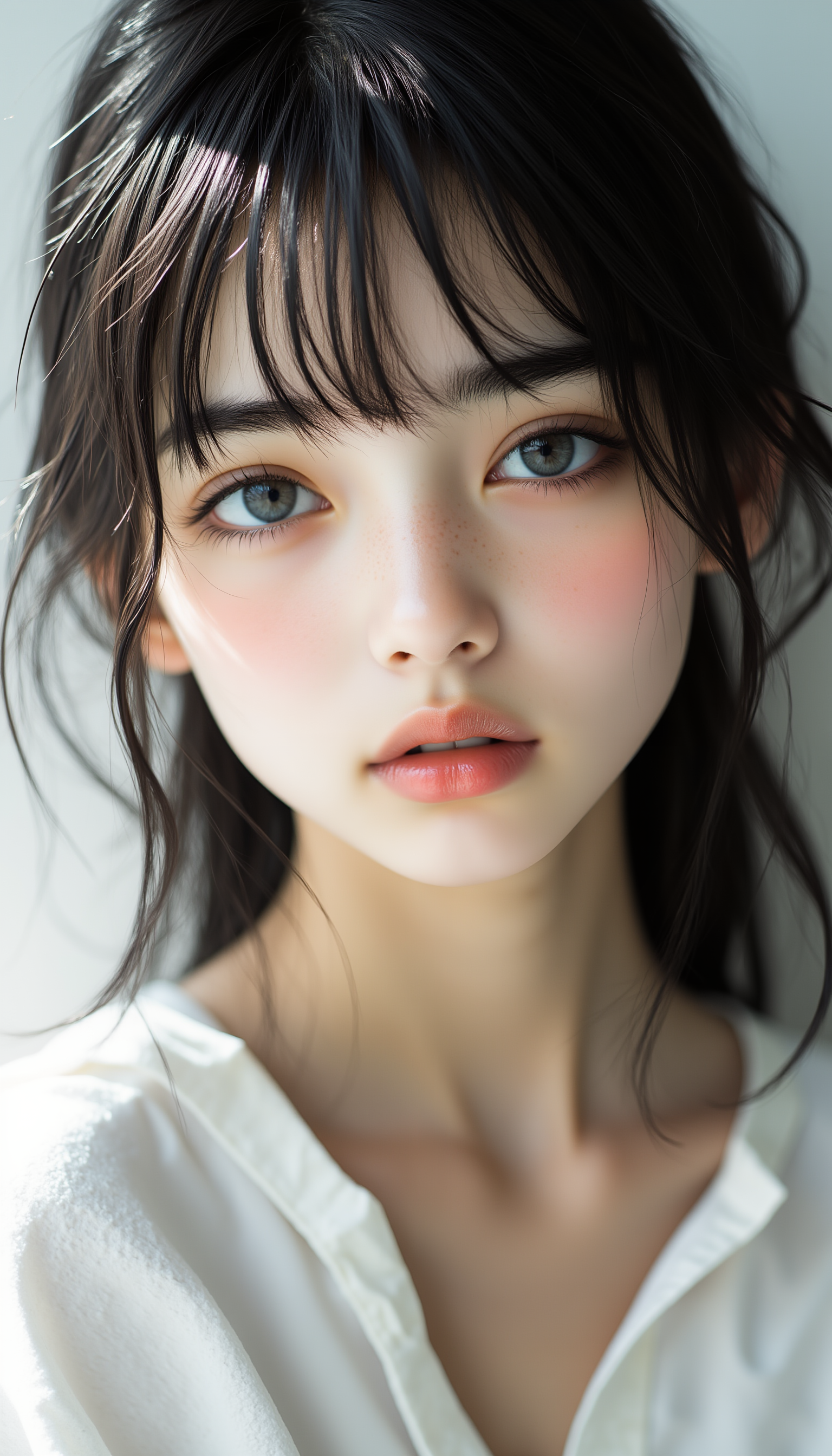 A teenage Japanese girl with delicate yet defined facial features, possessing large, innocent eyes that command attention. Her natural beauty is highlighted by soft, natural lighting, which adds a gentle glow to her smooth skin and glossy hair. Her eyes convey both vulnerability and strength, drawing the viewer in and leaving a lasting impression. The background is minimalist, ensuring that all focus remains on her striking features. Her outfit is modern and sophisticated, complementing her youthful elegance with a subtle, stylish touch, midjourney_whisper_innocent_eyes,  <lora:midjourney_whisper_innocent_eyes_v01:1>,
