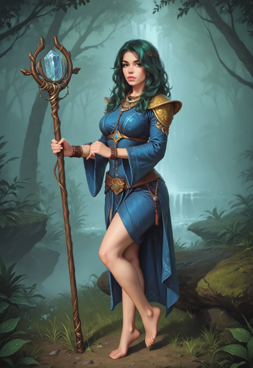 safe_pos, core_9, score_8_up, score_8, semi realistic, ultra detailed, 8k, high quality, hi res, high quality, detailed eyes, perfecteyes, detailed face, 1girl, sharp focus, (1girl:1.2), mystical druid, nature-inspired attire, (((staff with crystal))), fair skin, ((long legs)), long wavy green hair, realistic, cinematic angle, cinematic lighting, slender body, serene face, emerald eyes, meditative pose
BREAK
communicating with nature spirits in an enchanted forest glade
BREAK
source_fantasy_art, rating_explicit, expressive, full body, ((side view, dynamic pose))
BREAK
detailed beautiful background, lush greenery, ancient trees, glowing mushrooms, magical creatures, soft moonlight, mystical atmosphere
(((full clothed)))