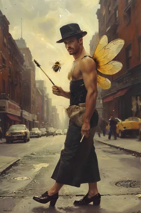 photo of a (bee:1.1) in in 70s pimp outfit in the street of new york offering honey-money for certain buzz related services, cane, hat, bling, shady street, cinematic, masterpiece, atmospheric, high quality, 8k, high resolution, <lora:SDXL - Style - EldritchRomanceIllustration1.3.1:0.4> <lora:Fine art photography style:0.4> <lora:Moody__Time:0.4> <lora:- SDXL - creepy_n_freaks_V1.0:0.4> <lora:- SDXL - vanta-black_contrast_V3.0:0.2> <lora:tbh102-sdxl:0.3> <lora:drunken-fist03:0.2> <lora:moulinrouge:0.2>