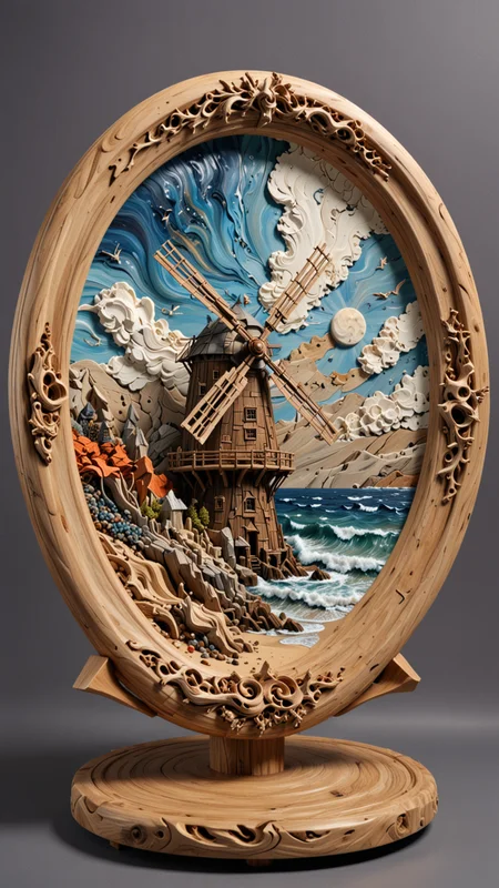 round plate on a display stand, hand Carved, 3D Seascape, abstract art, Carving, EPIC, Marbled Effect, <lora:3D_Framed_Wall_Art_-_By_DICE:0.4>, (3D Framed, Windmill), UHD, <lora:Driftwood_Detailed_Art_-_By_DICE:0.8> , driftwood Windmill, 3D