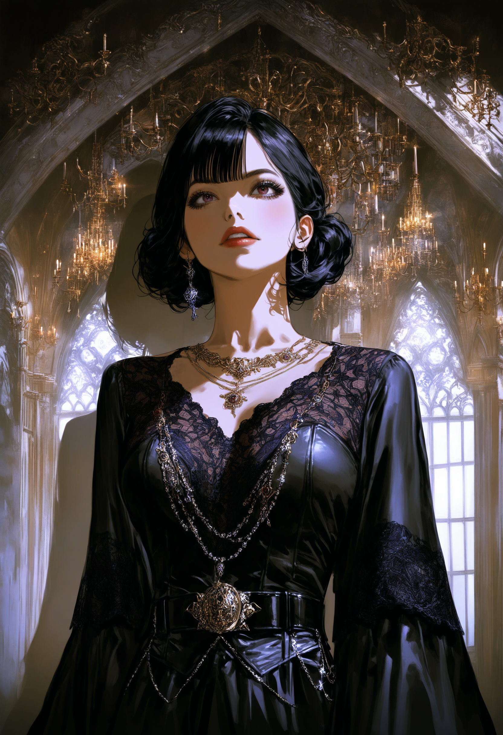 Gothic style masterpiece,high score,great score,absurdres,  ., a woman with a short haircut is talking to another woman with short hair and a necklace on her neck [20],, <lora:br3k1ngd0un:1>,(br3k1ngd0un, realistic, Clarice Beckett, international gothic, dark shadows),, belt [1], <lora:Haut3C0t0ur3V01:0.6>, (haut3c0t0ur3v01, style, haut3c0t0ur3, Alexander McQueen, fantastically gaudy),, giantess art [3], Luxury, Gold, silver, black, purple . Dark, mysterious, haunting, dramatic, ornate, detailed