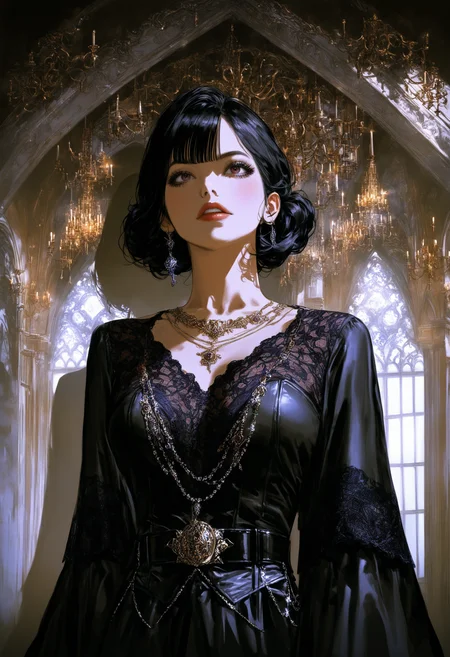 Gothic style masterpiece,high score,great score,absurdres,  ., a woman with a short haircut is talking to another woman with short hair and a necklace on her neck [20],, <lora:br3k1ngd0un:1>,(br3k1ngd0un, realistic, Clarice Beckett, international gothic, dark shadows),, belt [1], <lora:Haut3C0t0ur3V01:0.6>, (haut3c0t0ur3v01, style, haut3c0t0ur3, Alexander McQueen, fantastically gaudy),, giantess art [3], Luxury, Gold, silver, black, purple . Dark, mysterious, haunting, dramatic, ornate, detailed