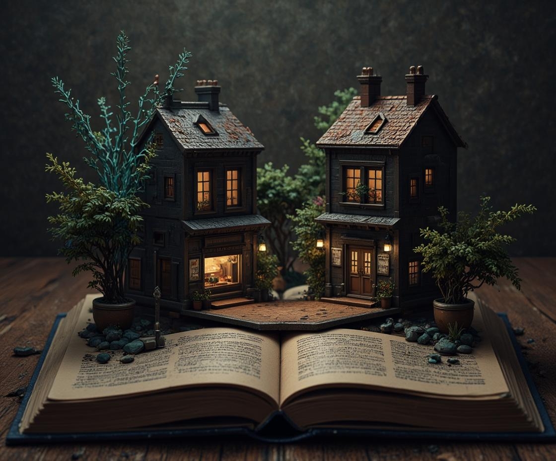 <lora:DD2EB639DDA9100A0A1C74AEC4F9F39DE42BE1D407DD3384A4ECB82EB81B3934.safetensors:1>
In the heart of an open, ancient tome lies a hauntingly beautiful diorama, a microcosm of a world where the organic and the mechanical coexist in a delicate dance. The miniature buildings, each a masterpiece of semi-realistic digital art and anime-inspired design, stand with intricate facades. The houses and a quaint shop are crafted with black, navy, and grey tones, their surfaces etched with fine details: polished metals, aged leather, and fibrous strands that add a tactile richness.
The buildings' lines are clean, yet they are adorned with advanced mechanical features and subtle technological accents. Steel and brass reflect the diffused, directional lighting, casting soft glows and sharp shadows that enhance the depth and reflectivity of the materials. The overall atmosphere is one of tension and precision, with a militaristic or authoritative feel that contrasts with the delicate beauty.
Oversized, whimsical potted plants with tendrils of neon blue and gold stand guard, their vibrant accents popping against the dark, shadowy outlines. The potted plants' leaves and fibers are finely textured, adding a sense of complexity and life to the diorama. The lighting, soft yet directional, creates a dramatic contrast, highlighting the tension and elegance of the meticulously engineered structures. The scene is a symphony of dark, muted tones and vibrant highlights, a fusion of the organic and the mechanical, inviting the viewer to delve into a world of intricate beauty and precision.