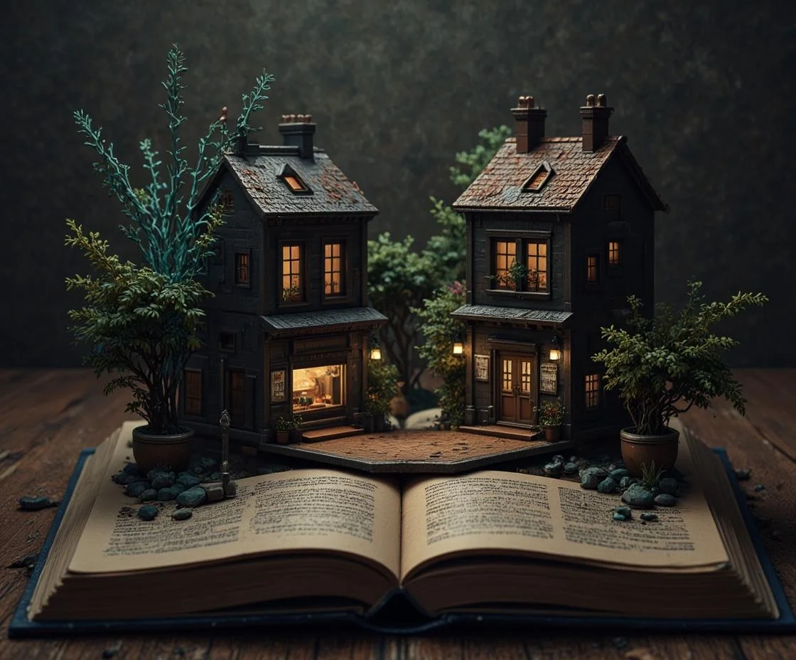 <lora:DD2EB639DDA9100A0A1C74AEC4F9F39DE42BE1D407DD3384A4ECB82EB81B3934.safetensors:1>
In the heart of an open, ancient tome lies a hauntingly beautiful diorama, a microcosm of a world where the organic and the mechanical coexist in a delicate dance. The miniature buildings, each a masterpiece of semi-realistic digital art and anime-inspired design, stand with intricate facades. The houses and a quaint shop are crafted with black, navy, and grey tones, their surfaces etched with fine details: polished metals, aged leather, and fibrous strands that add a tactile richness.
The buildings' lines are clean, yet they are adorned with advanced mechanical features and subtle technological accents. Steel and brass reflect the diffused, directional lighting, casting soft glows and sharp shadows that enhance the depth and reflectivity of the materials. The overall atmosphere is one of tension and precision, with a militaristic or authoritative feel that contrasts with the delicate beauty.
Oversized, whimsical potted plants with tendrils of neon blue and gold stand guard, their vibrant accents popping against the dark, shadowy outlines. The potted plants' leaves and fibers are finely textured, adding a sense of complexity and life to the diorama. The lighting, soft yet directional, creates a dramatic contrast, highlighting the tension and elegance of the meticulously engineered structures. The scene is a symphony of dark, muted tones and vibrant highlights, a fusion of the organic and the mechanical, inviting the viewer to delve into a world of intricate beauty and precision.