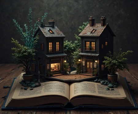 <lora:DD2EB639DDA9100A0A1C74AEC4F9F39DE42BE1D407DD3384A4ECB82EB81B3934.safetensors:1>
In the heart of an open, ancient tome lies a hauntingly beautiful diorama, a microcosm of a world where the organic and the mechanical coexist in a delicate dance. The miniature buildings, each a masterpiece of semi-realistic digital art and anime-inspired design, stand with intricate facades. The houses and a quaint shop are crafted with black, navy, and grey tones, their surfaces etched with fine details: polished metals, aged leather, and fibrous strands that add a tactile richness.
The buildings' lines are clean, yet they are adorned with advanced mechanical features and subtle technological accents. Steel and brass reflect the diffused, directional lighting, casting soft glows and sharp shadows that enhance the depth and reflectivity of the materials. The overall atmosphere is one of tension and precision, with a militaristic or authoritative feel that contrasts with the delicate beauty.
Oversized, whimsical potted plants with tendrils of neon blue and gold stand guard, their vibrant accents popping against the dark, shadowy outlines. The potted plants' leaves and fibers are finely textured, adding a sense of complexity and life to the diorama. The lighting, soft yet directional, creates a dramatic contrast, highlighting the tension and elegance of the meticulously engineered structures. The scene is a symphony of dark, muted tones and vibrant highlights, a fusion of the organic and the mechanical, inviting the viewer to delve into a world of intricate beauty and precision.