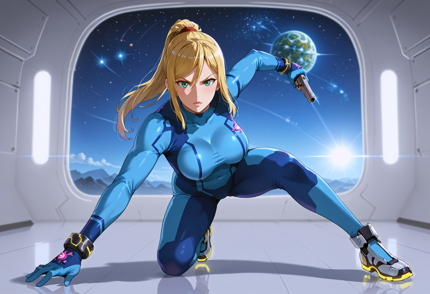 takeda hiromitsu style, source_anime, anime screencap, uncensored, dynamic angle, dynamic view, takeda hiromitsu style, dynamic pose, foreshortening, extreme perspective,
sole female, solo, 1girl, samus aran, blonde hair, swept bangs, long hair, ponytail, mole under left lip, turquoise eyes, zero suite, blue body suit, blue gloves, metal bracelets, sagging breasts, medium breasts, skintight, fully dressed, action pose, dynamic pose, determined, superhero landing, dynamic pose, holding gun, complex background, detailed background, inside giant spacecraft, outer space in window, multiple galaxies in the background, giant view of space, giant window with a view of space, view of planets, view of stars, depth of field, blurry background, volumetric lighting, back lighting, side lighting, 3 point lighting, reflective floor, glossy floor, reflective interior,
<lora:takeda_hiromitsu_style_xl_goofy:1.0>, <lora:DynamicPose_alpha1.0_rank4_noxattn_100steps:3.0>, <lora:Superhero_landing:0.5>