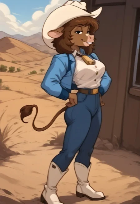 score_9, score_8_up, score_7_up, OverallDetail, Expressiveh, (by joelasko), dynamic lighting, detailed character, detailed face, detailed background, background is desert, mesas, clouds, sunny, (close up), cowboy shot,
BREAK
furry female, anthro, 1girl, solo, female cow, Kowlamity Kate, black eyes, ((brown fur)), medium hair, (brown hair), messy hair, (cow tail), medium breasts, heavy breasts, lean build, (muscular), long legs, curvy legs, animal nose, toned body, wide hips, narrow waist, round ass,
BREAK
shot from side, standing, looking at viewer, smiling, half closed eyes, blue jacket, ((white undershirt)), blue jeans, belt, white boots, cowboy hat, ((bolo tie)), hands on hips