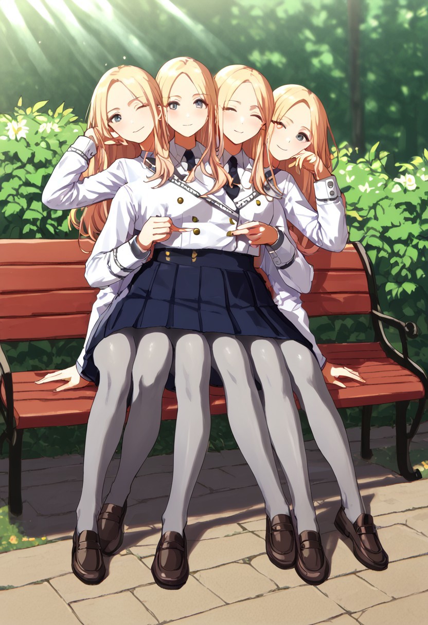 ((1girl)), ((8arms, three heads, six legs, trileg)),  score_9, score_8_up, score_7_up, score_6_up, score_5_up, score_4_up, shiny skin, leg focus, cowboy shot, juosena, (( grey pantyhose)), loafers, fully clothed, casual, sitting on bench, slender legs,  ((one eye closed)), looking at viewer, outdoors, garden, [shadows], light rays, Expressiveh