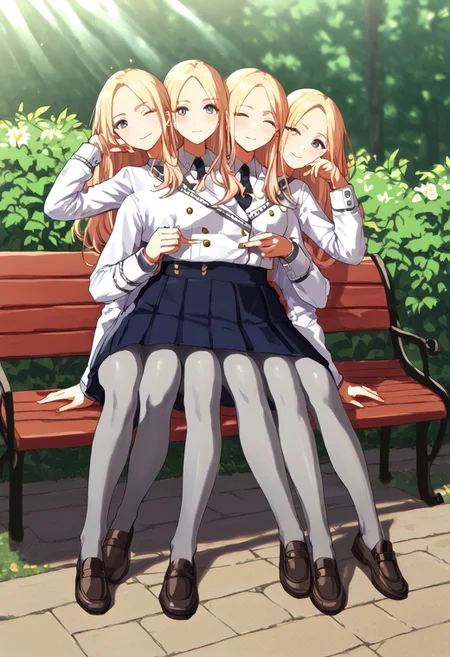 ((1girl)), ((8arms, three heads, six legs, trileg)),  score_9, score_8_up, score_7_up, score_6_up, score_5_up, score_4_up, shiny skin, leg focus, cowboy shot, juosena, (( grey pantyhose)), loafers, fully clothed, casual, sitting on bench, slender legs,  ((one eye closed)), looking at viewer, outdoors, garden, [shadows], light rays, Expressiveh