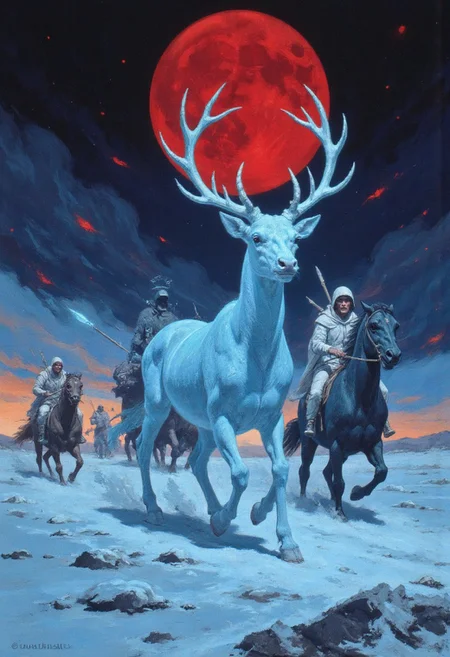 A spectral stag with antlers of glowing frost gallops across an open tundra under a blood moon, its translucent form leaving trails of cold fire in the snow, behind it, ghostly hunters ride skeletal steeds cloaked in tattered shrouds of frost, their weapons—bows of ice and spears tipped with enchanted icicles—glow faintly in the swirling snowstorm, the chase is furious and violent, the stag’s desperate breaths visible in the icy air, the scene evokes the brutal dynamism of Simon Bisley, with exaggerated movement, bold contrasts, and a haunting interplay of red moonlight and icy blues.
, Vibrant, grotesque, and surreal with bold contrasts, heavy black outlines, and a blend of dreamlike autumnal hues; a mix of neon, retro, and pagan elements, inspired by Sean Aaberg’s punk-infused, chaotic energy and dreamcore's eerie, nostalgic undertones