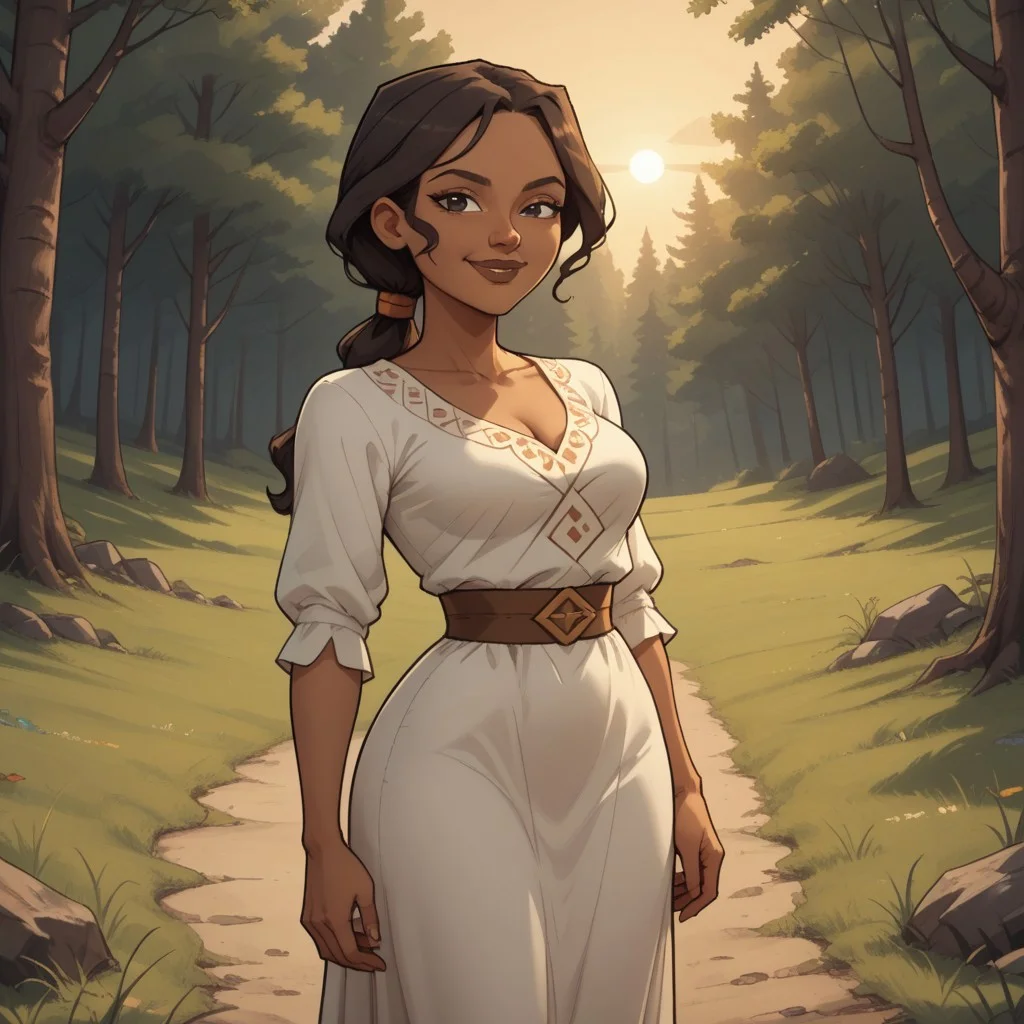 score_9, score_8, BREAK, solo, brown hair, ponytail, black eyes, brown lips, white dress, brown sandals, breasts, total drama, Priyas_mother_(Total_Drama), dark skin, dark skin female, sexy pose, self portrait, smile, looking at viewer, outdoors, sunlight, shadows, evening lighting, natural lighting, forest, trees, grass, orange sky, sunset