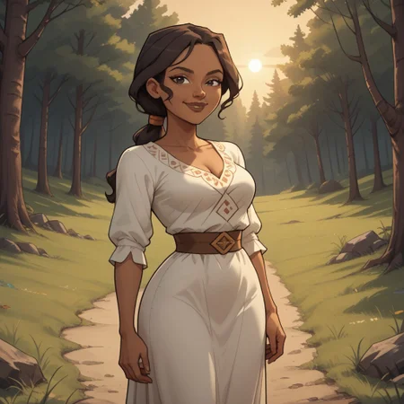 score_9, score_8, BREAK, solo, brown hair, ponytail, black eyes, brown lips, white dress, brown sandals, breasts, total drama, Priyas_mother_(Total_Drama), dark skin, dark skin female, sexy pose, self portrait, smile, looking at viewer, outdoors, sunlight, shadows, evening lighting, natural lighting, forest, trees, grass, orange sky, sunset