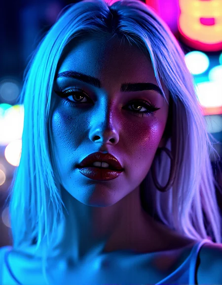 A highly realistic close-up of a woman Mad1B2024 with ice-blue hair and sharp features, lit by neon lights in shades of blue and pink. The light plays across her pale skin, casting colorful highlights on her cheekbones and neck. Her eyes are wide, reflecting the neon glow, and her lips are a dark, glossy red. The background is a blurred mix of city lights and shadows, giving the image a modern, urban feel with a retro noir aesthetic.