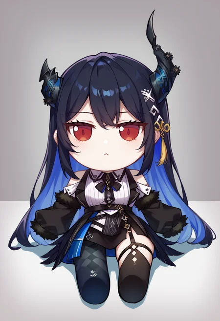 score_9, score_8_up, score_7_up, source_anime, 1girl, solo, (fumo \(doll\), chibi, sitting:1), NerissaBase, colored inner hair, black hair, blue hair, red eyes, slit pupils, uneven horns, long hair, hair ornament, black ribbon, fur-trimmed sleeves, black sleeves, collared shirt, white shirt, ribbed shirt, shoulder cutout, black gloves, black skirt, miniskirt, side slit, singe leg pantyhose, checkered pantyhose, black thighhighs, asymmetrical legwear, <lora:ChamNerissaRavencroftPonyXLCame-000008:1>, <lora:style_toyfumo_ponyXL:1>