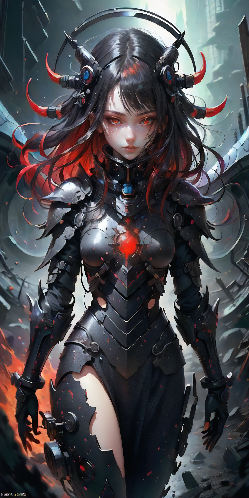 Girl, fantasy, dark atmosphere,  best quality,  detailed face, evill face, midshot, , black halo, , full armor, black hole, low key, red hair,  blood, hyperrealism,  <lora:Hellasthetic v2:0.7> , dynamic pose, action, entropy cosmic, construction,