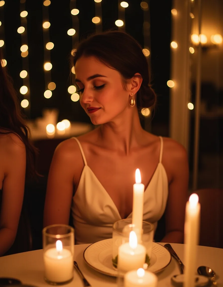<lora:lora:0.8> p4rt1gs, ultra quality, ultra detailed image, ultra realistic, a beautiful young woman in an elegant yet simple silk slip dress, sitting at a candlelit dinner table surrounded by close friends. The warm flickering light from the candles casts a soft golden hue on her skin, while the blurred background of fairy lights adds a cozy atmosphere. Shot in a documentary style with a Fujifilm X100V, using a 23mm lens and an over-the-shoulder perspective, capturing the depth of emotion and the warmth of the moment.