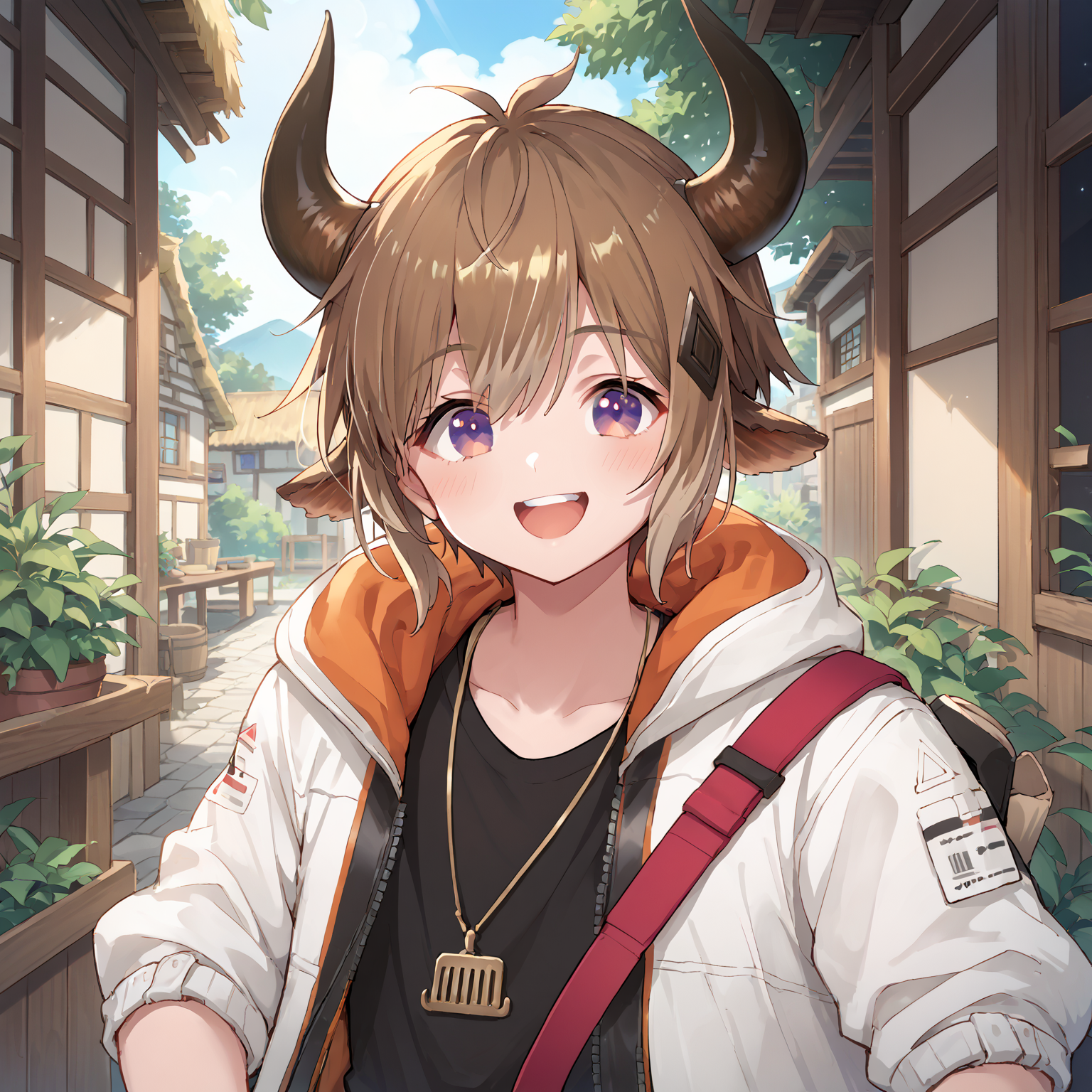 score_9, score_8_up, score_7_up, source_anime BREAK
1boy, solo, bison\(arknights\), cow ears, brown hair, cow horns, white jacket, purple eyes, looking at viewer, happy, 
zPDXL3, cowboy_shot, <lora:bisonPony:0.8>