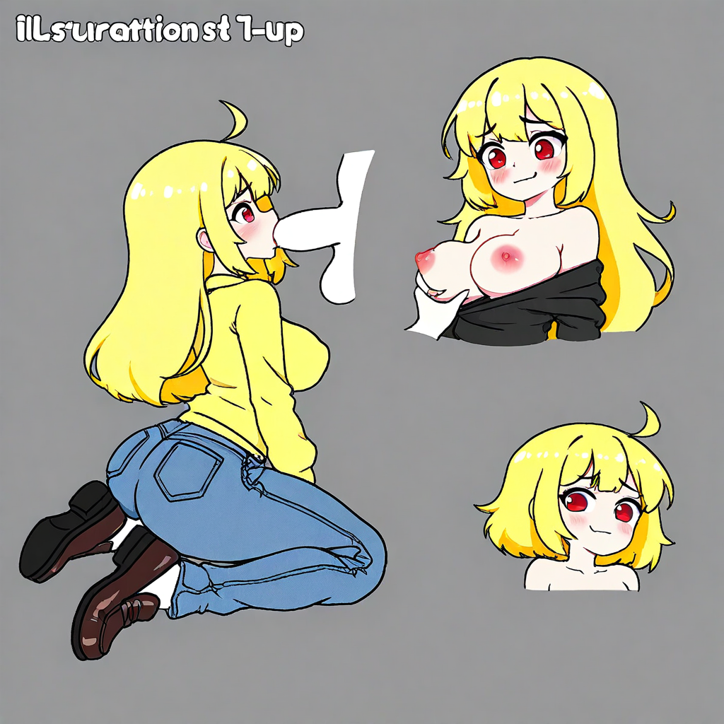 straight hair, Ass, illustration, (mid size breasts:1.2), detailed background, score_7_up, shirt pull, five inches tall, Blowjob, loafers, grabbing breast, shy face, Yellow hair, SPORT clothing, denim, low contrast, (sensitive:1.3), erotic, ultra-detailed, red eyes, falling breasts, focused subject, long sleeves, (atdan:0.8), leg_up, gerbil tail