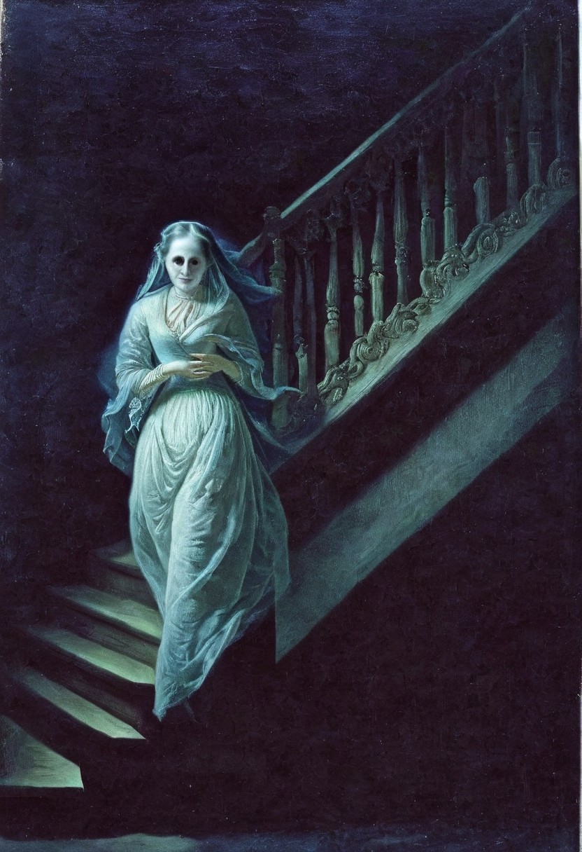 detailxl, easynegative, BREAK, solo, a painting of ghost person who is a victorian woman in the style of godfried-schalcken, staircase, barely visible, evil eyes, BREAK, darkness, at night, impossible architecture