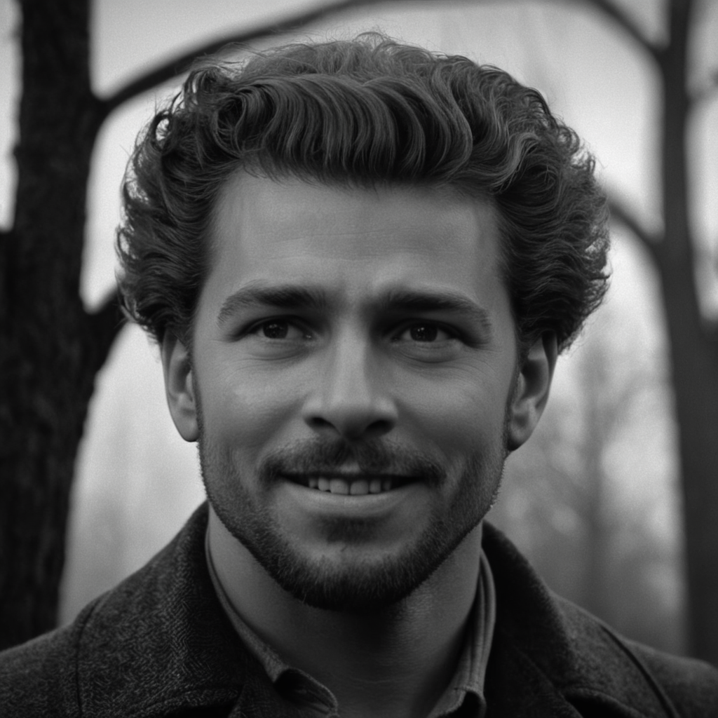 cinematic film still of  <lora:1940's style:1>
In the 1940's a wolfman with a big head and a big face,solo,looking at viewer,smile,1boy,monochrome,upper body,greyscale,male focus,outdoors,teeth,blurry,tree,facial hair,beard,realistic,horror (theme),afro  ,realistic,realism,perfection,perfect,filmic,retro,vintage,classic,different haircut,different look,different style,1940's style , 1940 style, shallow depth of field, vignette, highly detailed, high budget, bokeh, cinemascope, moody, epic, gorgeous, film grain, grainy