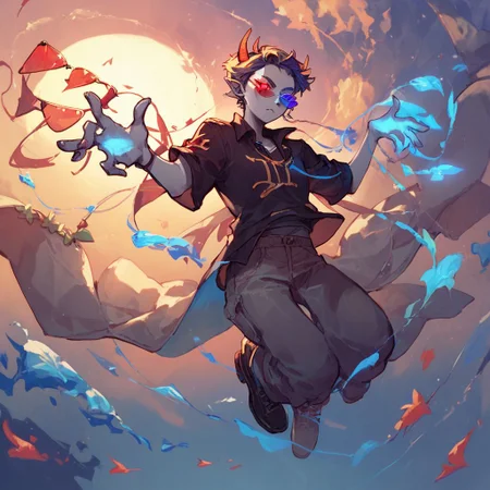 score_9,score_8_up,score_7_up,score_6_up, Sollux Captor, grey skin, four horns, sunglasses, floating in air, sunglasses, red and blue eyes, glowing hands, glowing eyes, red and blue glow, source anime